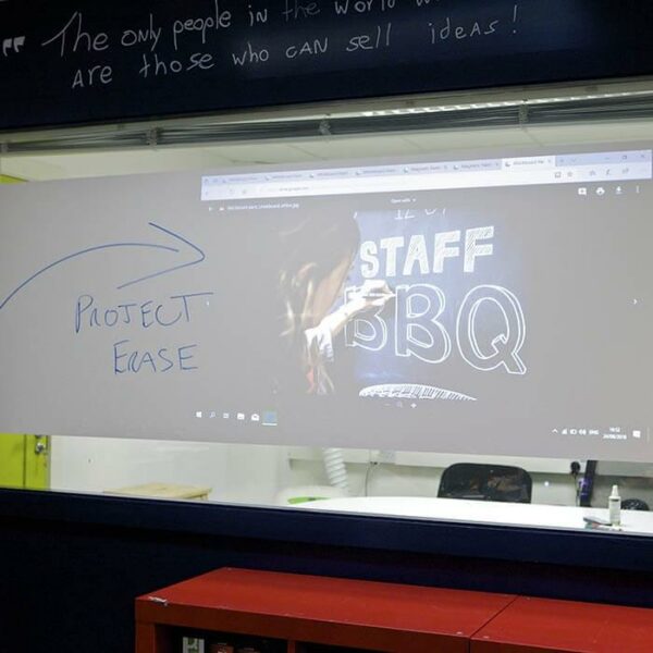 Bilden på videokanonen projiceras på en whiteboardfilm med lägre glans